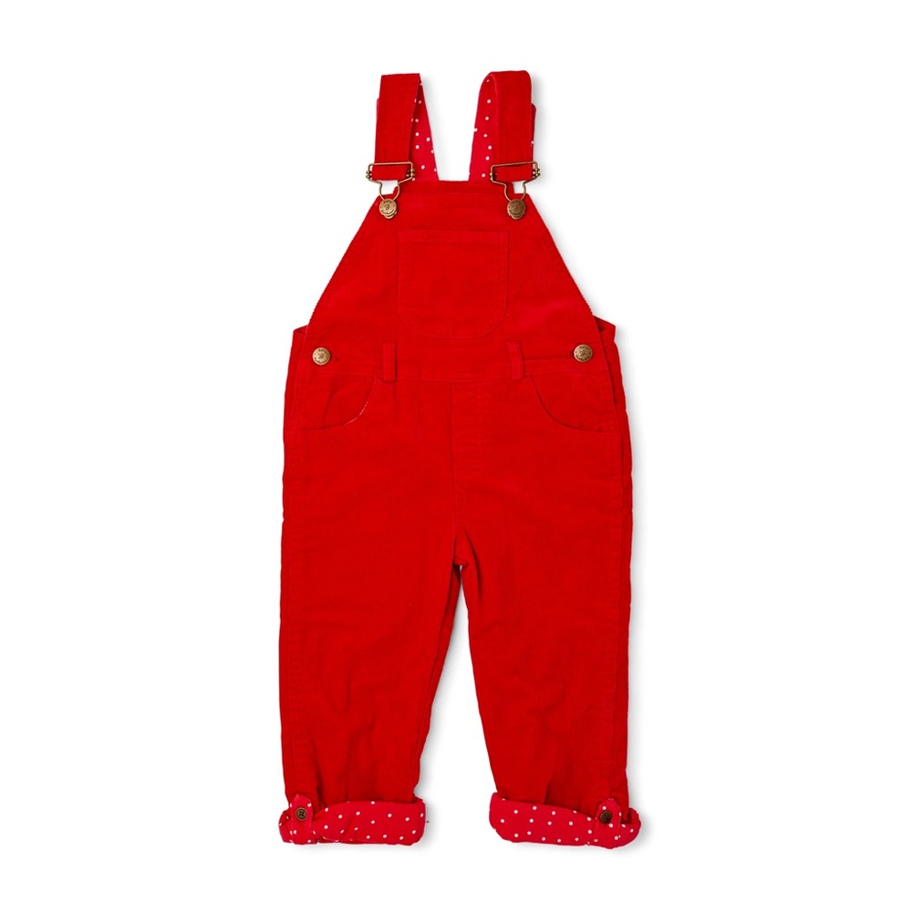 Dotty Dungarees Red Corduroy Overalls with Polka Dot Lining